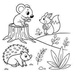 Cute cartoon forest animals coloring page for kids with squirrel hedgehog coloring illustration © Khodeza