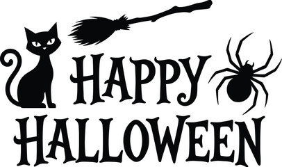 Happy halloween greeting card design with cat, broom and spider © Mehedi