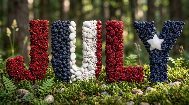 Patriotic July Text Sign Crafted from Fresh Berries and White Stones