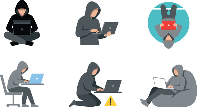 Vector cartoon hacker icons set featuring anonymous hooded characters typing on laptops and cyber security warning signs