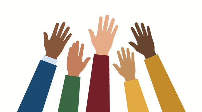 Group of diverse hands raised up in unity.