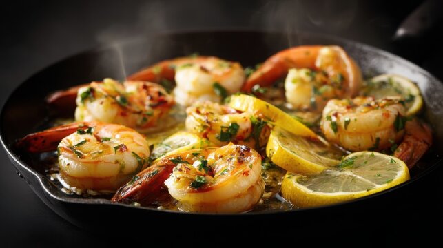 Large juicy shrimp sizzling in garlic herb butter inside black skillet, vibrant lemon slices and fresh herbs, luxury seafood presentation, dramatic