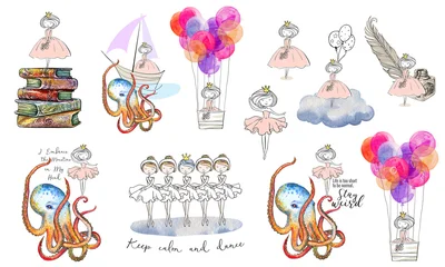 Watercolor little ballerina princesses with octopuses, books and balloons on white background © tinkerfrost