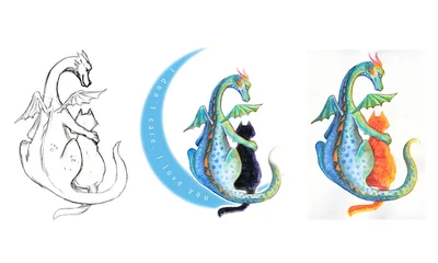 A fantasy dragon hugging a cat, from sketch to watercolor © tinkerfrost