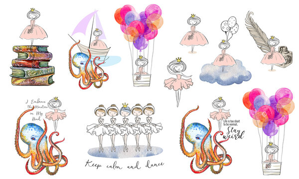 Watercolor little ballerina princesses with octopuses, books and balloons on white background