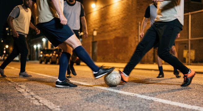 Group of friends playing street soccer at night. Urban football match with motion blur on asphalt