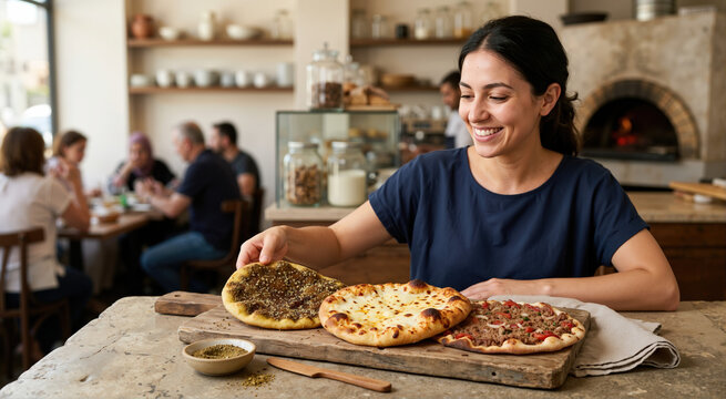 Woman serving manakish in a restaurant. Freshly baked flatbreads on a wooden board. Social dining and food concept