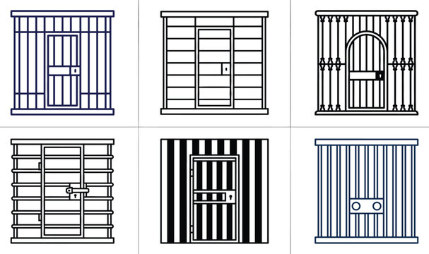 Vector cartoon prison bars icons set featuring different jail cell doors locks and correctional facility grates