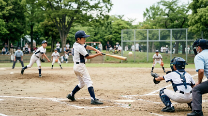 Obraz premium Young Japanese baseball player hitting a ball during a game. Youth sports and teamwork concept. Outdoor athletic activity