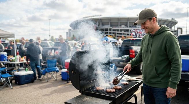 Man grilling burgers at a stadium tailgate party. Pregame barbecue tradition in a parking lot