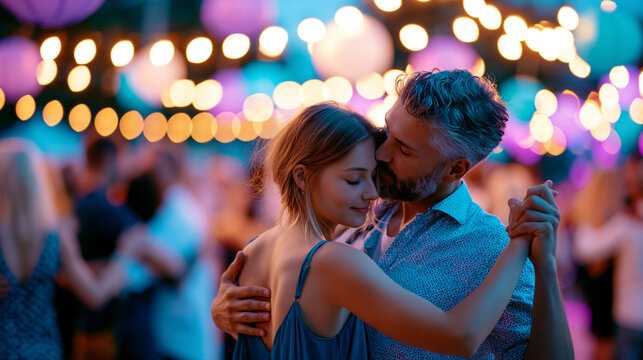 Anonymous couples dancing traditional Latin milonga in a colorful ballroom under festival lights, kizomba and bachata dance school evening class concept, faceless, defocused, with