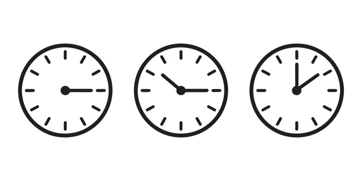 Three clocks with different times black and white clock faces hour