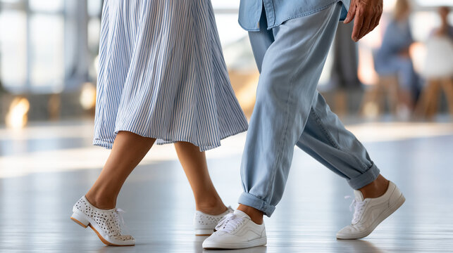 Anonymous older gentleman delightedly surprising his partner with a perfectly executed foxtrot step during a couples dance lesson, skill progress and joy concept, faceless,