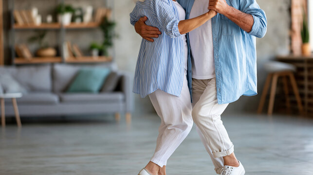 Anonymous older gentleman delightedly surprising his partner with a perfectly executed foxtrot step during a couples dance lesson, skill progress and joy concept, faceless,