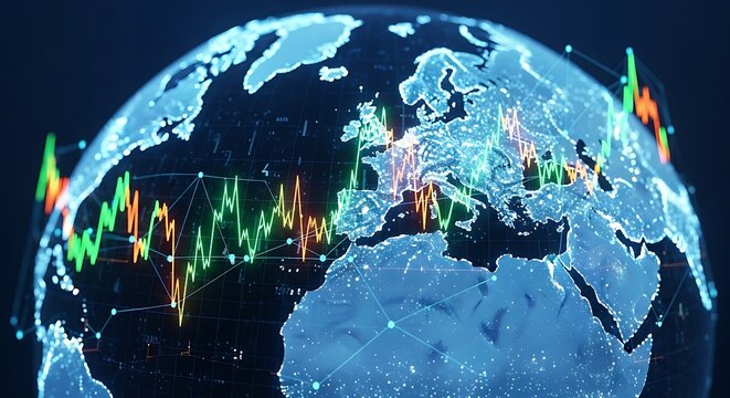 Financial stock market trading chart over a glowing earth globe representing global economic trends and international investment data analysis systems