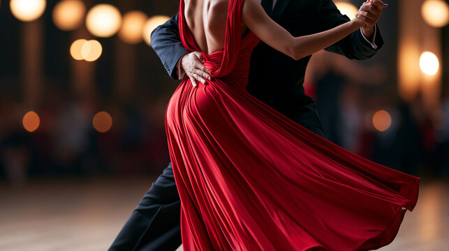 Anonymous tango couple dancing on a wooden floor, woman in a flowing red dress, passionate Latin dance performance concept, faceless, defocused warm stage lighting, with copy space