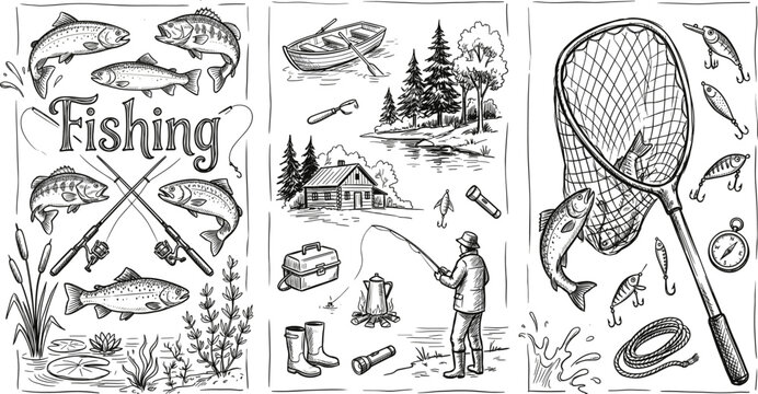 Vintage hand drawn fishing collection featuring freshwater fish gear equipment landing net triptych vector on white background