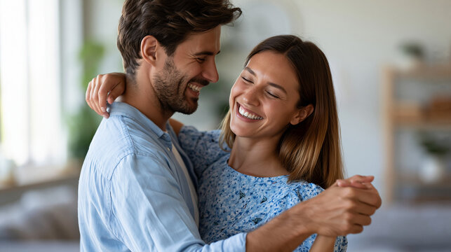 Anonymous couple laughing together while untangling a misstep during a self-taught swing dancing tutorial in a home living room, fun dance learning and relationship concept,