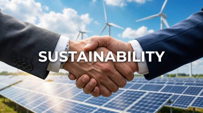 Handshake between business partners in front of solar panels and wind turbines, representing sustainability, renewable energy, green investment and environmental responsibility
