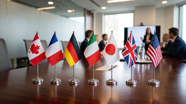 Row of G7 country desk flags in conference room