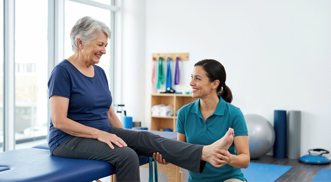 Physical therapist helping an elderly woman with a leg exercise. Smiling senior female patient undergoing rehabilitation in a bright clinic