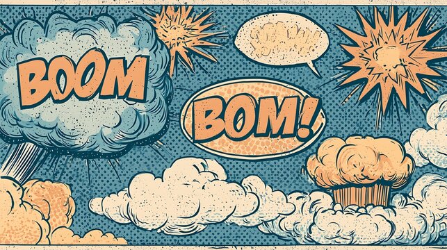 Comic book style explosion set with boom and bom sound effects