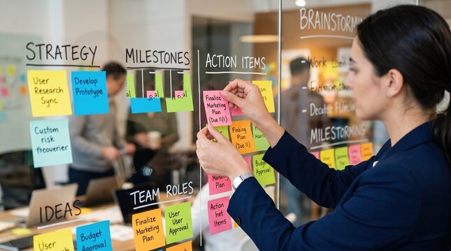Businesswoman reviewing strategy notes on colorful sticky papers in office planning session