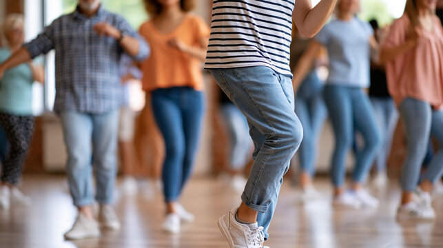 Anonymous group of mixed-age beginners nervously attempting their first salsa steps in a Latin dance studio, beginner class and social dance community concept, faceless,