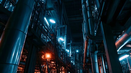 Obraz premium An abstract view of industrial metal pipes and structural framework illuminated by cool neon lighting