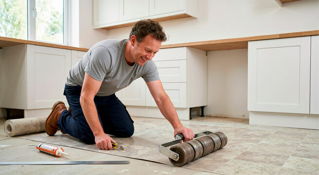 Smiling man installing linoleum flooring in a kitchen. Homeowner using a heavy metal roller to smooth vinyl sheet flooring. DIY interior home renovation and improvement