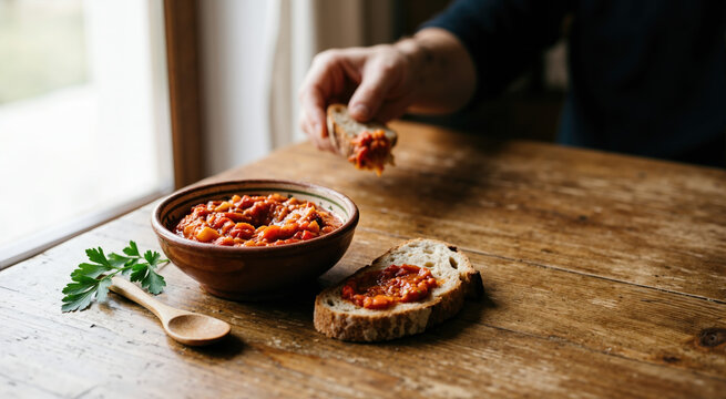 Person spreading lyutenitsa vegetable relish on a slice of bread. Traditional Balkan food