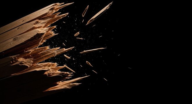 Wooden planks splintering and breaking apart on dark background