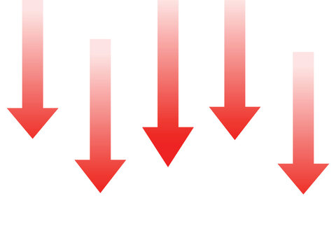 Group of red arrows pointing downwards indicating financial loss or decreasing graphs on isolated transparent background.