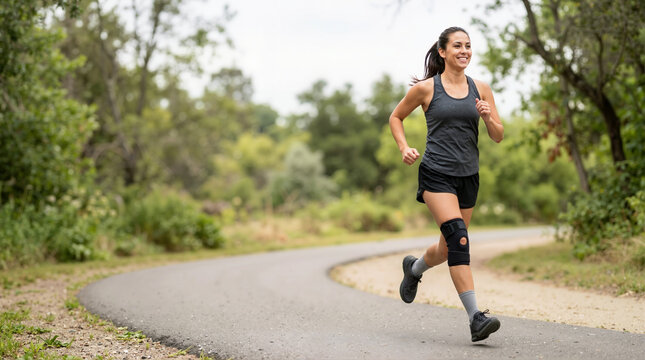 Female runner with a knee brace jogging in a park. Smiling young woman exercising outdoors during injury recovery. Active lifestyle and rehabilitation