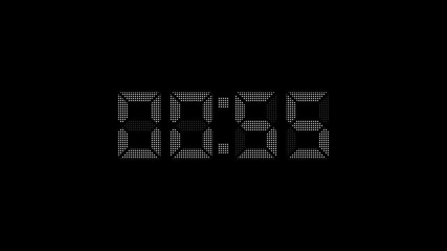 White color dotted LED style digital clock countdown timer displaying numbers 60 to 0 seconds on a black background for time management and Motion graphics of timer concept