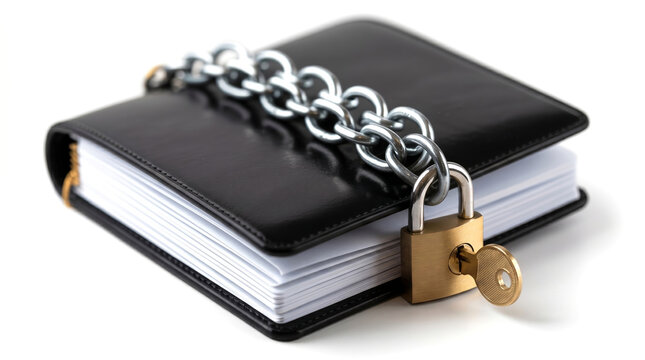 Black Leather Journal Securely Locked With A Metal Chain And Brass Padkey