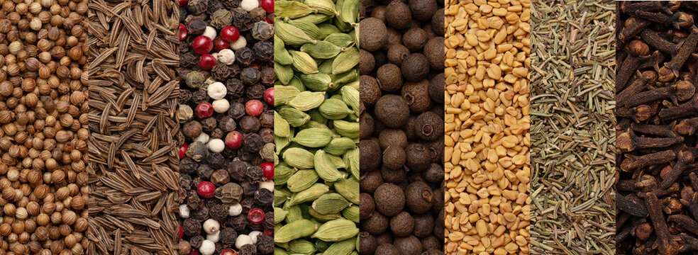 Assorted spices collage texture background close up