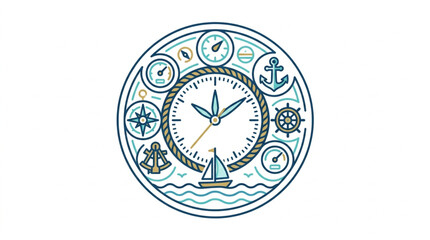 Nautical Themed Clock With Maritime Symbols And Sailing Boat. © skuy