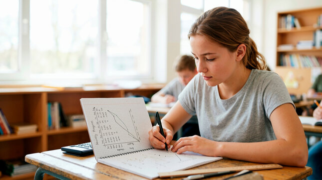 Focused teenage girl student drawing a line graph in a notebook. High school student studying math in classroom