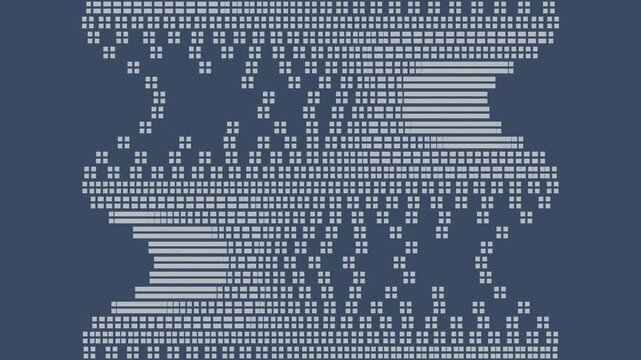 Seamless 4K digital animation of light pixel blocks on a dark blue background. Continuous geometric pattern stretching into lines, creating a digital glitch and techno minimalism data stream effect