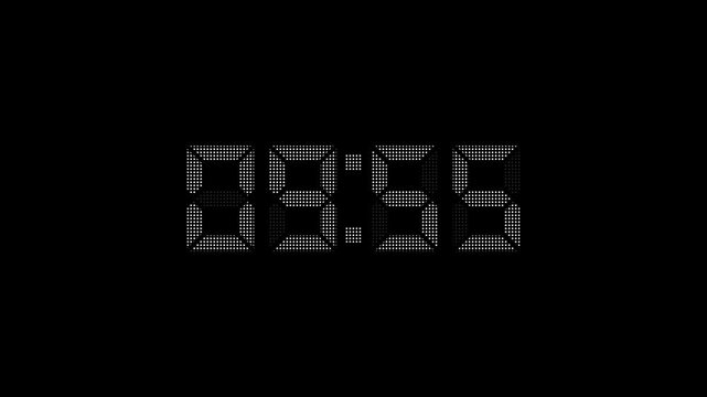 White color dotted LED style digital clock countdown timer displaying numbers 10 to 9 minute on a black background for time management and Motion graphics of timer concept