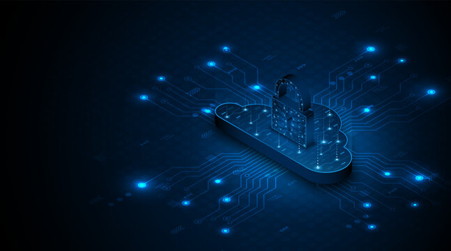 The padlock is located on the cloud. Cloud data storage technology is protected. The concept of cloud computing and large data center security technology.