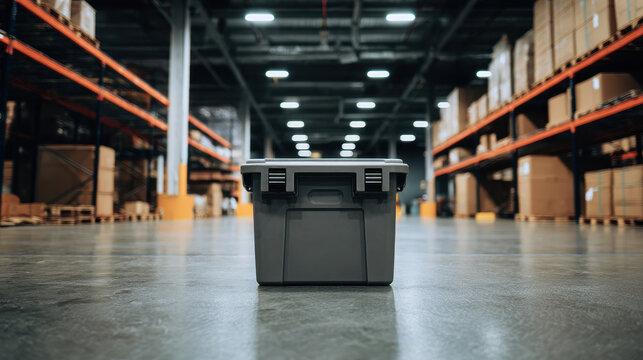 Gray plastic storage bin on a concrete floor in a large distribution warehouse