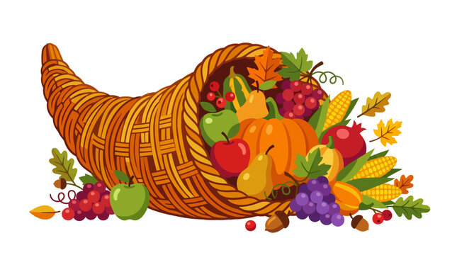 Traditional cornucopia filled with autumn fruits and vegetables.