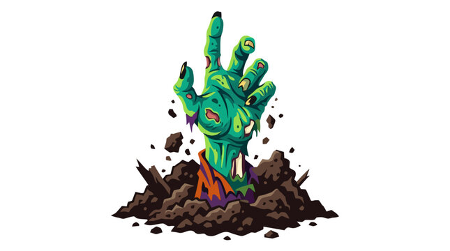 Zombie hand emerging from the ground in dirt.