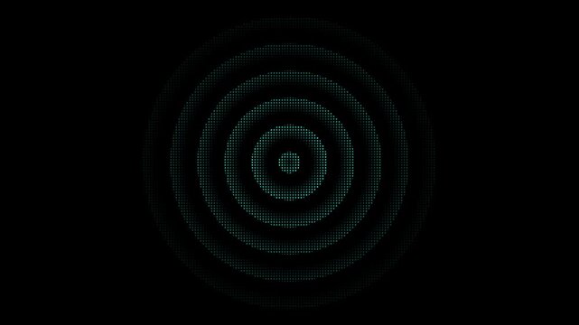 Glowing neon blue dotted concentric circles radar signal animation on a solid black background for communication and technology concepts.