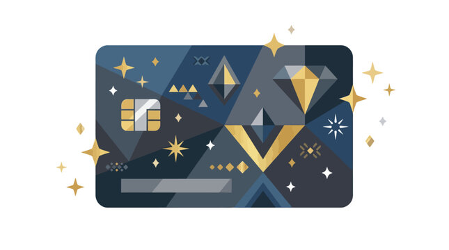 Luxury dark blue credit card with gold geometric patterns.