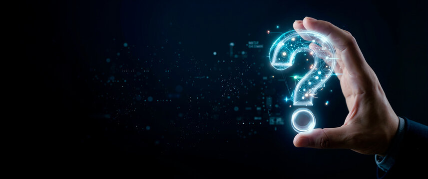 Hand holding a glowing digital network question mark. Futuristic technology and innovation concept for seeking answers. Copy space