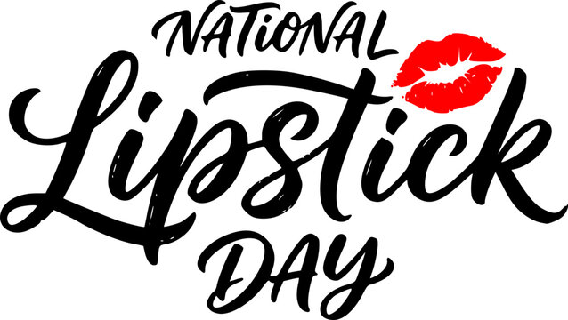 National Lipstick Day bold brush lettering logo with red kiss lips icon in black and white script typography for beauty makeup and cosmetic social media designs