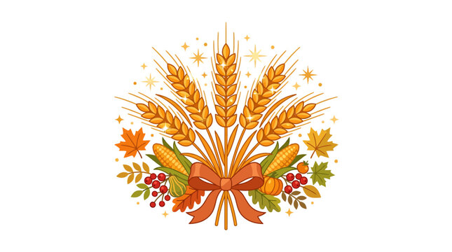 Fall harvest bundle of wheat stalks, corn, and berries.